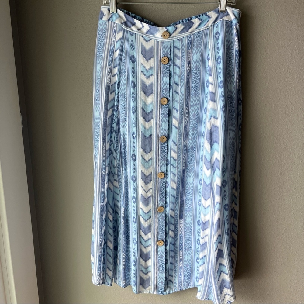 Mlle Gabrielle Womens Blue Midi Skirt Native Designs Elastic Waist Size L